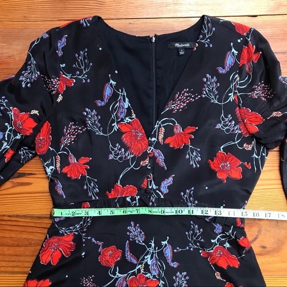 Madewell Black Red Silk Floral V-Neck Dress, EUC, 4 - Picture 9 of 16